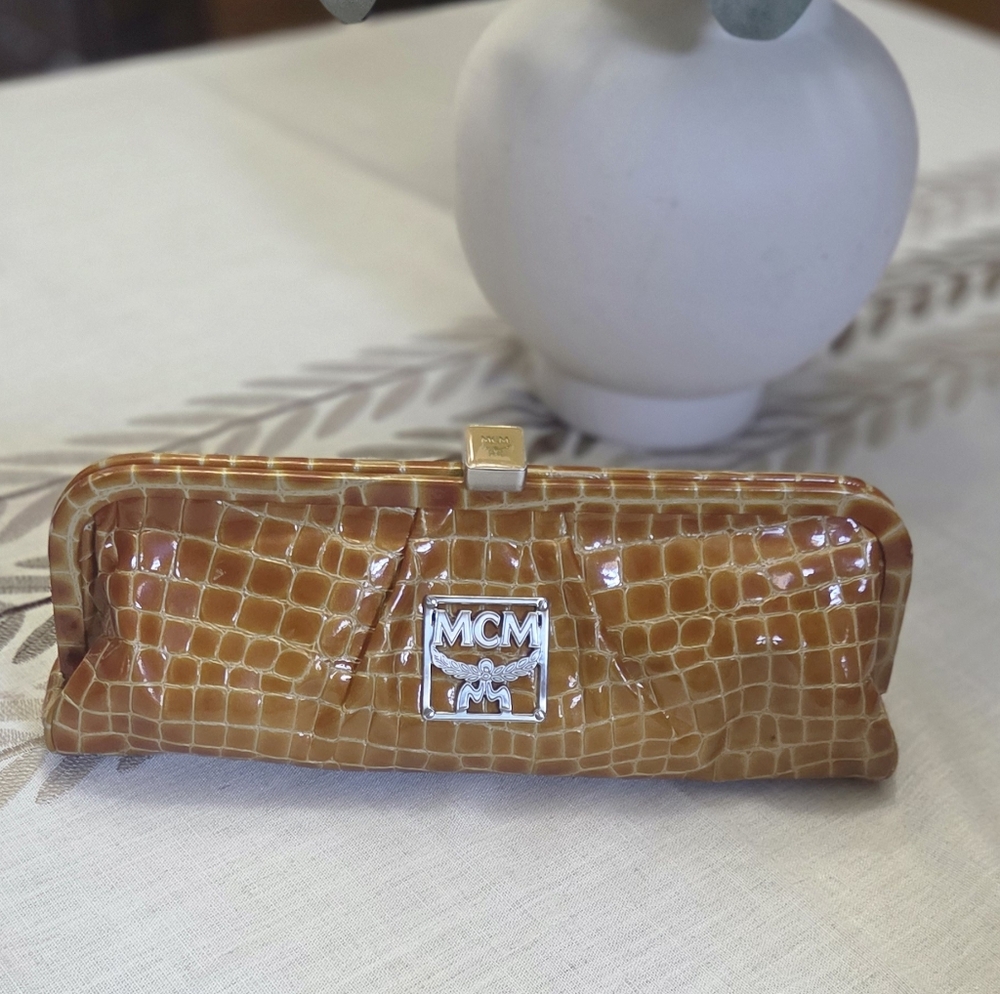 MCM Tan Crocodile Embossed Clutch